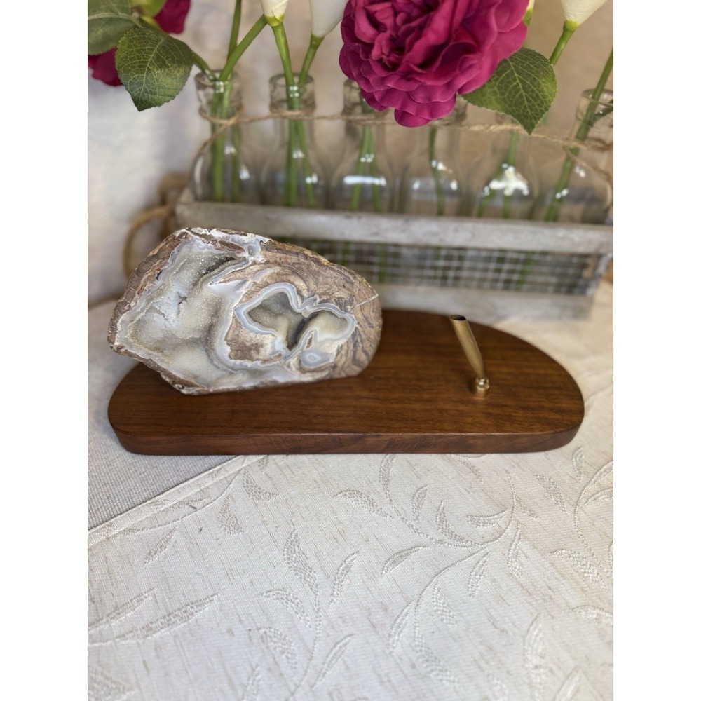 Vintage Walnut Desk Set with Large Polished Agate Geode & Brass‎ Pen Holder.